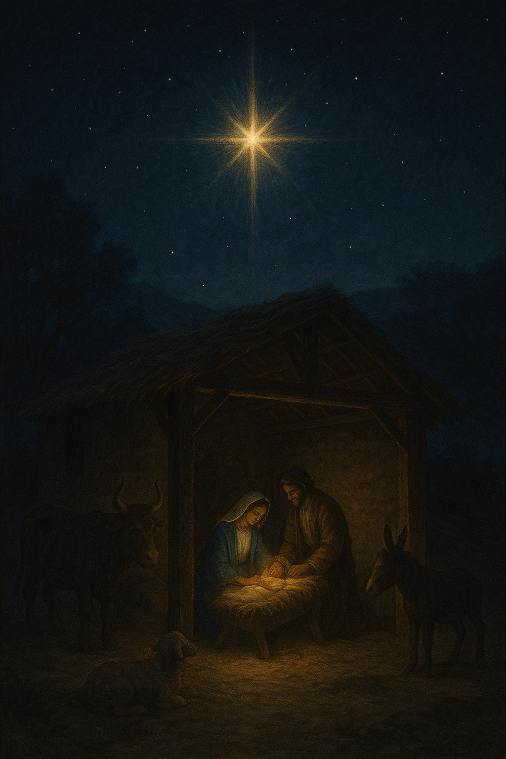 Mary and Joseph at the manger as His Star shines overhead