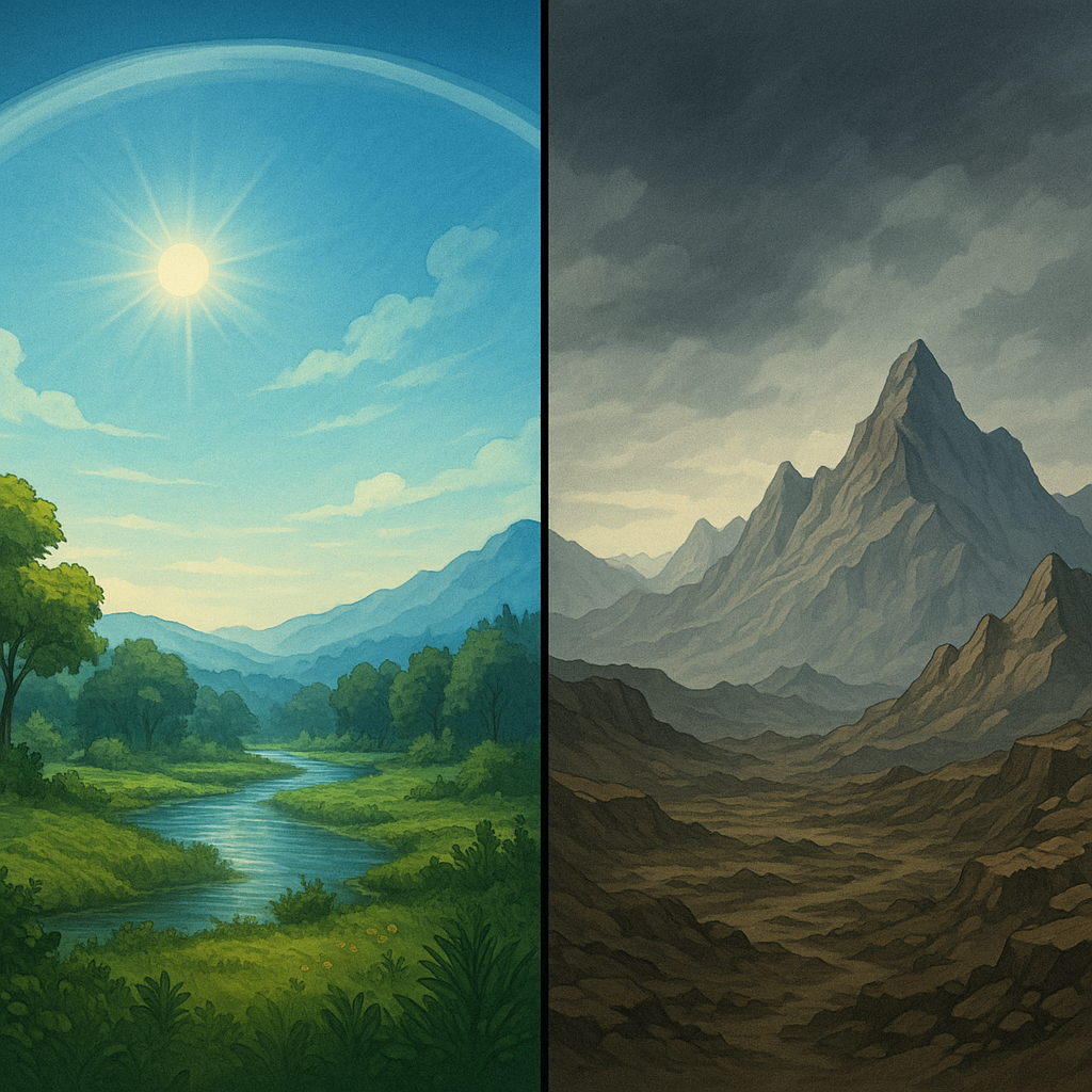 Split scene of the lush pre-Flood world under the firmament vs. the harsh post-Flood landscape