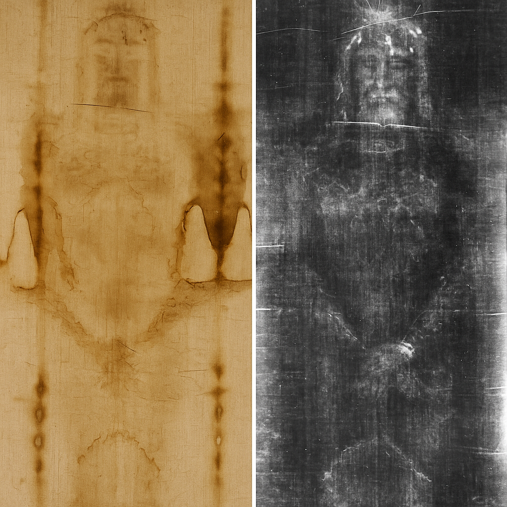 The Shroud of Turin showing the faint image of a crucified man
